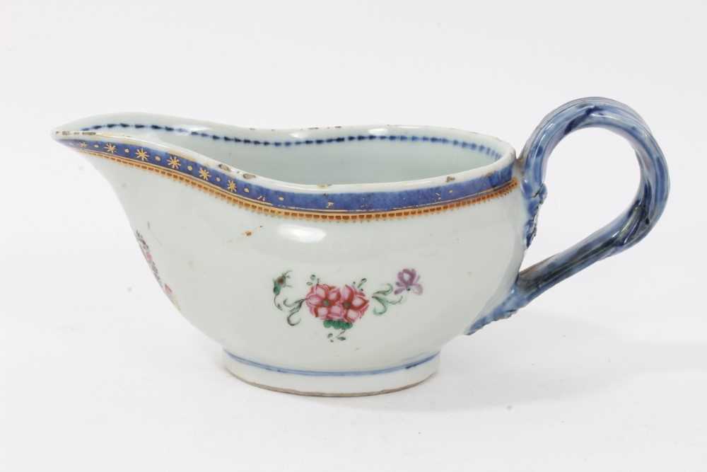 Antique Chinese famille rose Armorial porcelain sauce boat, c.1800, the armorial at the front with m