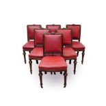 Set of six Victorian walnut and close stud upholstered dining chairs, each with moulded framed and s