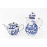 Similar antique Chinese export blue and white porcelain teapot and coffee pot, painted with landscap