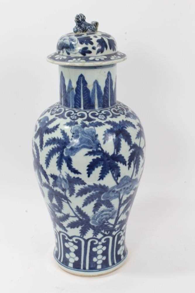 Large antique late 19th century Chinese blue and white porcelain vase and cover, of baluster form, d - Image 3 of 14