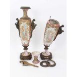 Pair of Sevres style gilt bronze mounted porcelain vases, painted reserves signed