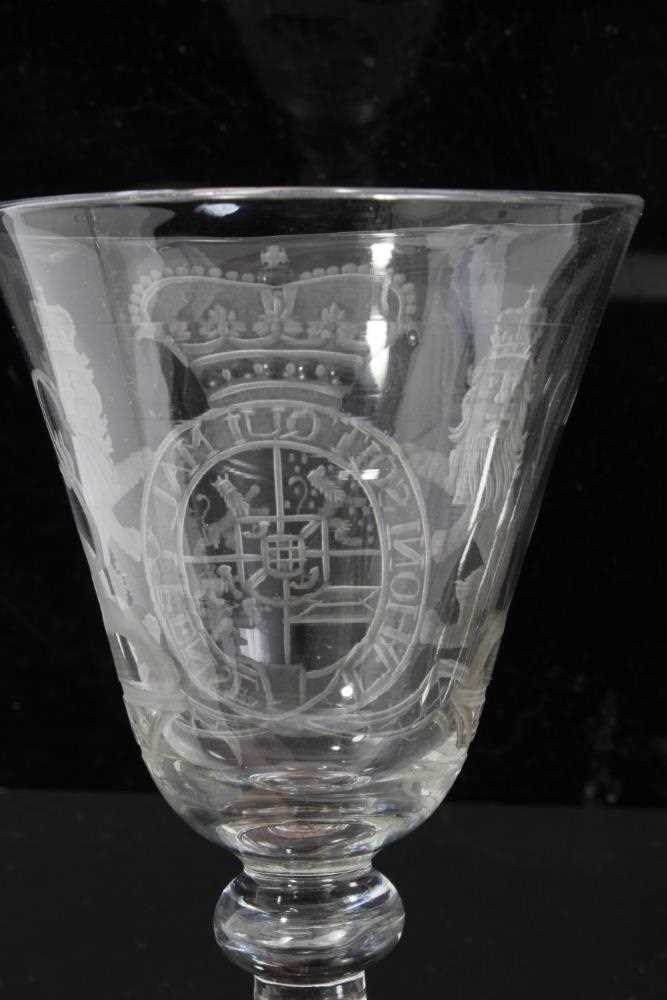 Georgian 'Newcastle' light baluster armorial wine glass - Image 4 of 9