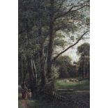 Attributed to Robert Burrows (1810-1883), oil on canvas, a woodland scene with a figure on a path, c