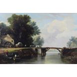 19th century English School, oil on canvas, a river landscape with a hay cart crossing a wooden brid