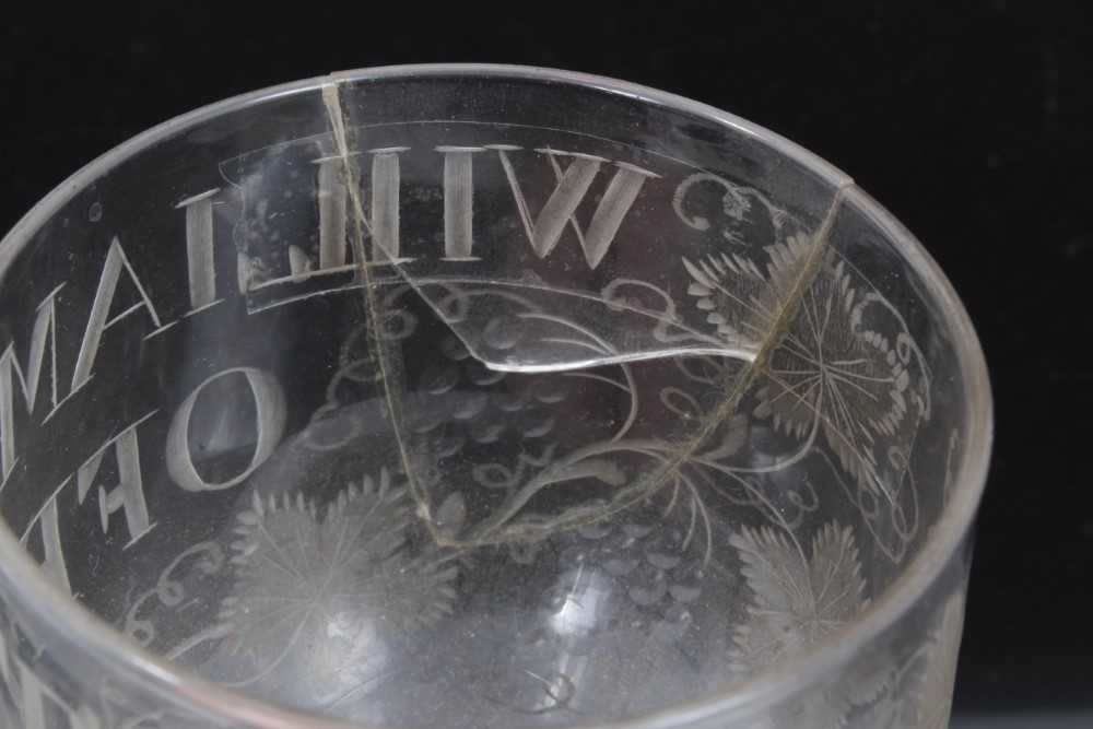 Unusual antique Georgian glass goblet, engraved 'WILLIAM STRANGE OFFICER', with etched and cut grape - Image 7 of 9