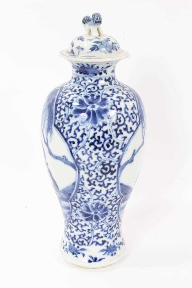 Pair 19th century Chinese blue and white porcelain baluster vases and cover, decorated with figural - Image 5 of 17