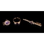 Edwardian 18ct gold amethyst and mother of pearl three stone ring, together with two amethyst and se