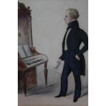 H. Gilbert, 1830s watercolour - a pianist standing before a cabinet piano, signed and dated 1838, in