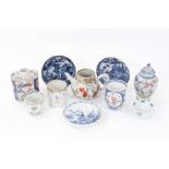 Group of 18th century Chinese porcelain, including an Imari tea caddy, famille rose tea caddy, three