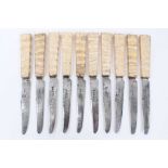 Set of ten 19th Century steel bladed knives with fossilised mammoth tooth handles