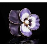 Edwardian gold diamond and enamel earring, naturalistically modelled as a pansy, with purple and whi