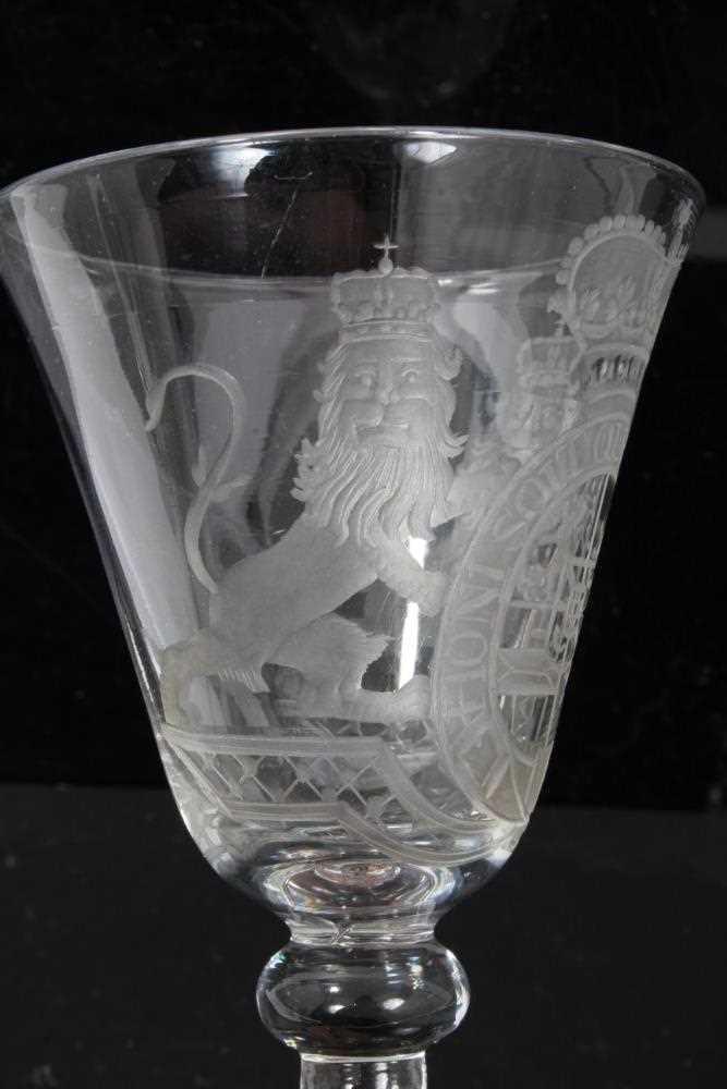 Georgian 'Newcastle' light baluster armorial wine glass - Image 5 of 9