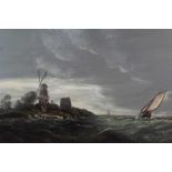 Late 19th century Dutch School, oil on panel, a coastal scene with a windmill and sailing vessels in