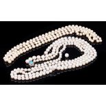 Cultured pearl necklace with a long string of graduated cultured pearls measuring approximately 5.7m