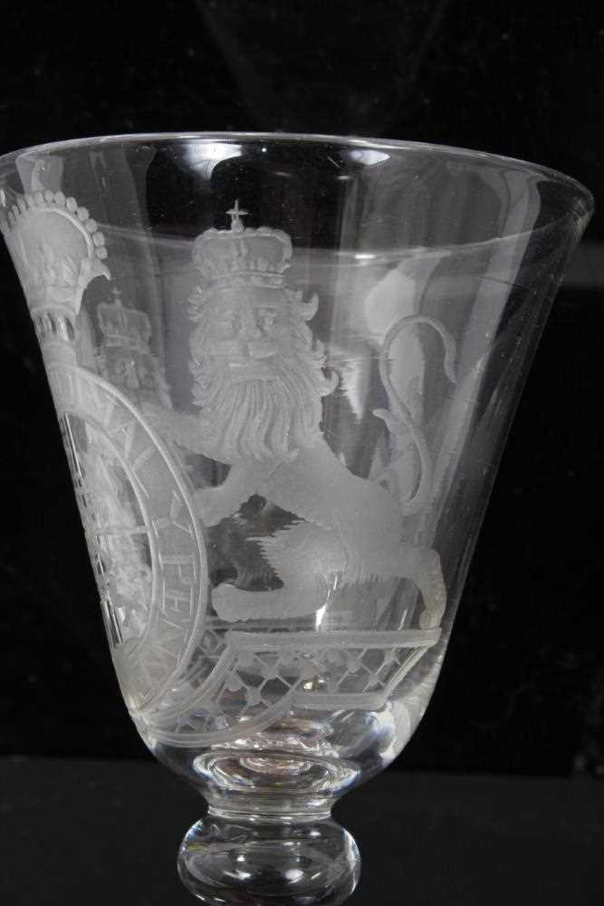 Georgian 'Newcastle' light baluster armorial wine glass - Image 3 of 9