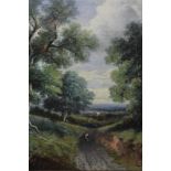 After John Constable, 19th century, oil on canvas - figures in a lane, in gilt frame