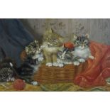 Mid 19th century Continental School, oil on canvas, an interior scene with five kittens in basket, i