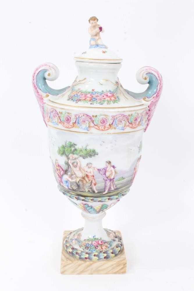 Good 19th century Capodimonte garniture of urns, decorated in relief with mythological scenes, on sq - Image 8 of 21