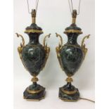 Pair of 18th century style gilt metal mounted verde antico marble table lamps