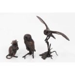 Three modern bronze miniature sculptures, mouse and two owls