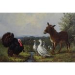 Attributed to William Weeks (act.1856-1904) oil on canvas - a donkey, geese and turkey in landscape,