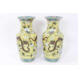 Pair 19th century Chinese Dayazhai-style porcelain baluster vases, decorated with dragons amongst fl