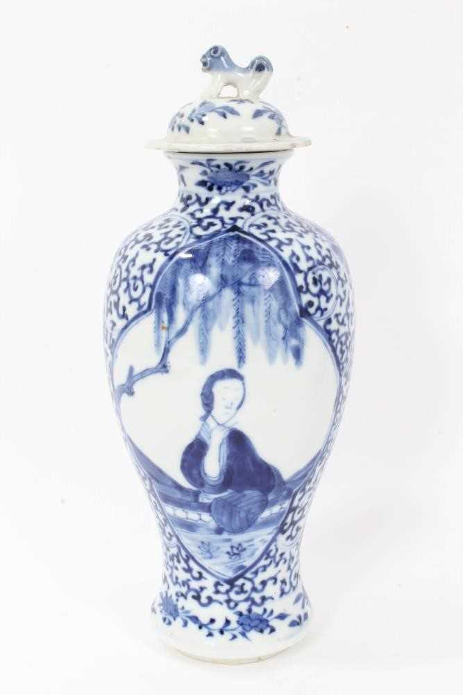 Pair 19th century Chinese blue and white porcelain baluster vases and cover, decorated with figural - Image 2 of 17