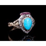 Antique turquoise, diamond and ruby heart shape cluster ring with a pear shape turquoise cabochon su