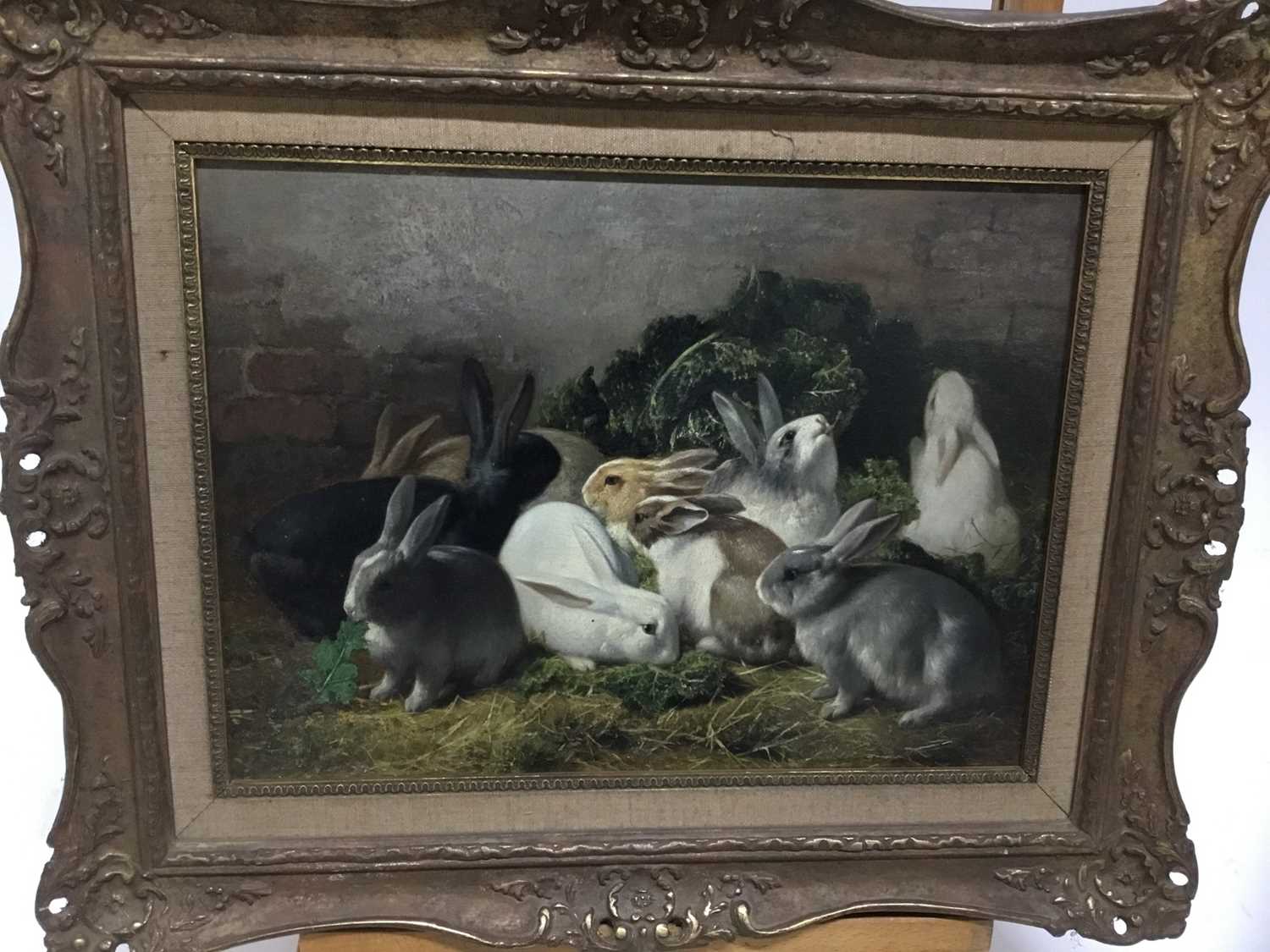 Eugene Remy Maes (1849-1931) oil on panel - Rabbits Feeding, signed adn inscribed verso, in gilt fra - Image 2 of 11