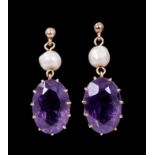 Pair of amethyst and cultured pearl pendant earrings, each with an oval mixed cut amethyst measuring
