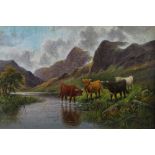 Edward Heaton, late 19th century, oil on canvas, a mountainous river landscape with highland cattle