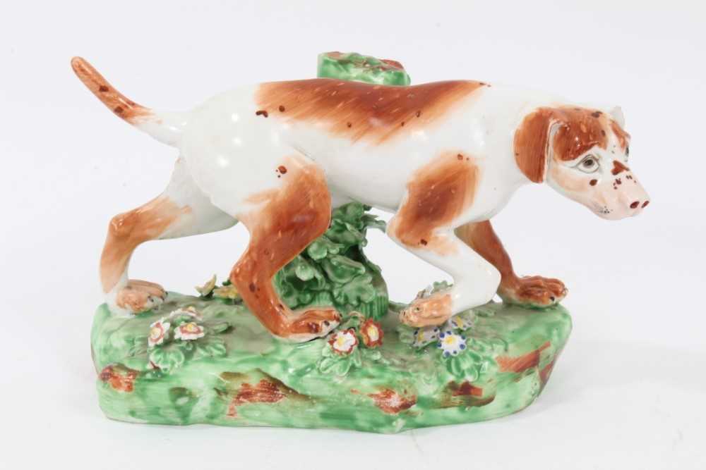 Late 18th century Derby porcelain model of a Pointer, shown mid-stride on a grassy base, 16cm length - Image 2 of 6