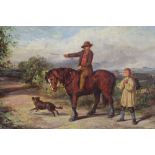 19th century English School, oil on board, a peasant on a chestnut horse asking directions on a coun