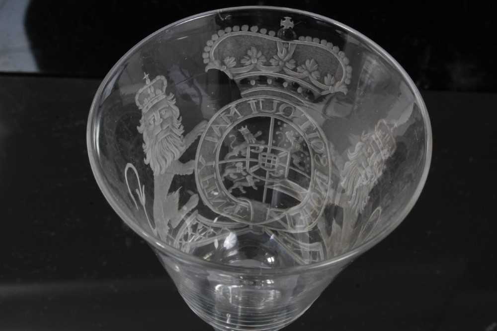 Georgian 'Newcastle' light baluster armorial wine glass - Image 6 of 9