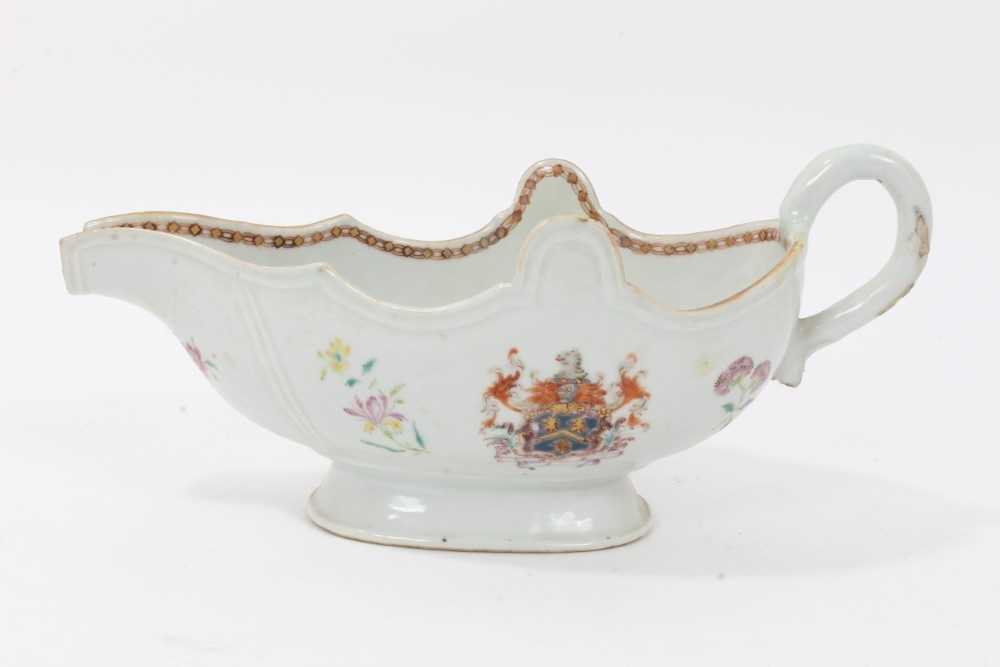 Antique 18th century Chinese famille rose Armorial porcelain sauce boat, the armorial painted on bot