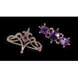 Edwardian Art Nouveau 9ct gold amethyst and seed pearl pendant brooch with whiplash scrolls, 38mm to