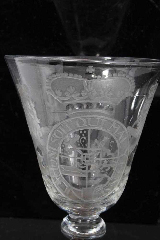 Georgian 'Newcastle' light baluster armorial wine glass - Image 2 of 9
