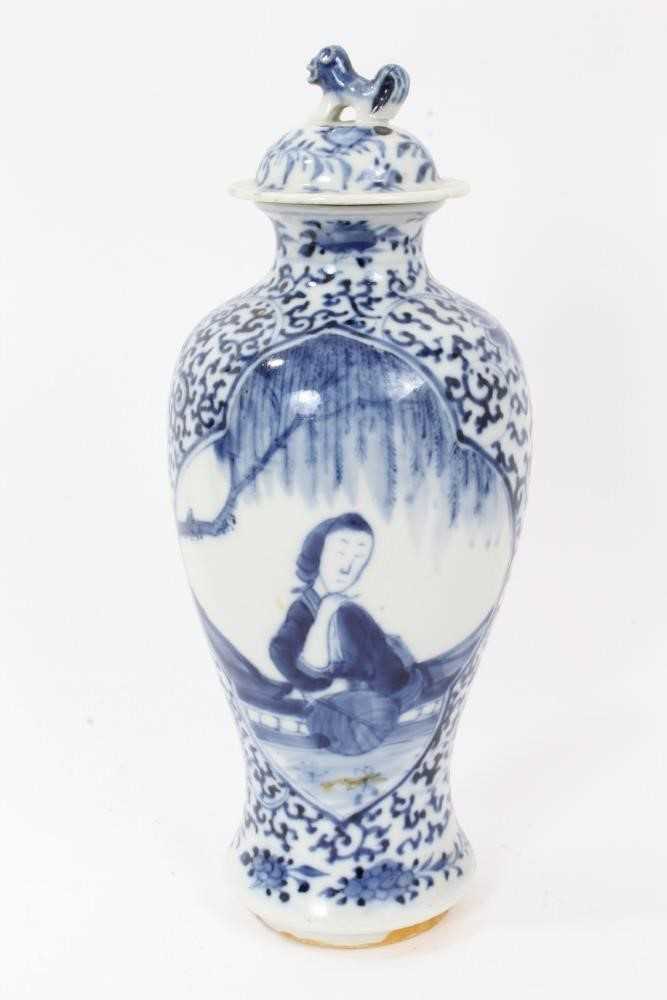 Pair 19th century Chinese blue and white porcelain baluster vases and cover, decorated with figural - Image 10 of 17