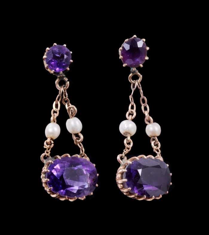 Pair of amethyst and cultured pearl pendant earrings with an oval mixed cut amethyst measuring appro