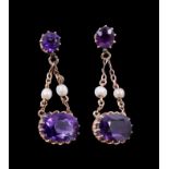 Pair of amethyst and cultured pearl pendant earrings with an oval mixed cut amethyst measuring appro