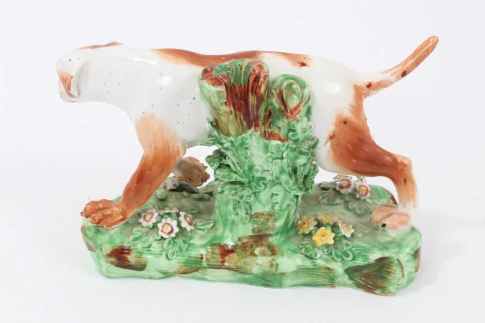 Late 18th century Derby porcelain model of a Pointer, shown mid-stride on a grassy base, 16cm length - Image 4 of 6