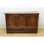 18th century oak mule chest, with triple arched panel front and hinged plank top enclosing fitted li