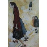 English School, 20th century oil on board figures in a street