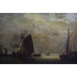 18th century English School, oil on board, a coastal scene with various shipping, in original frame,