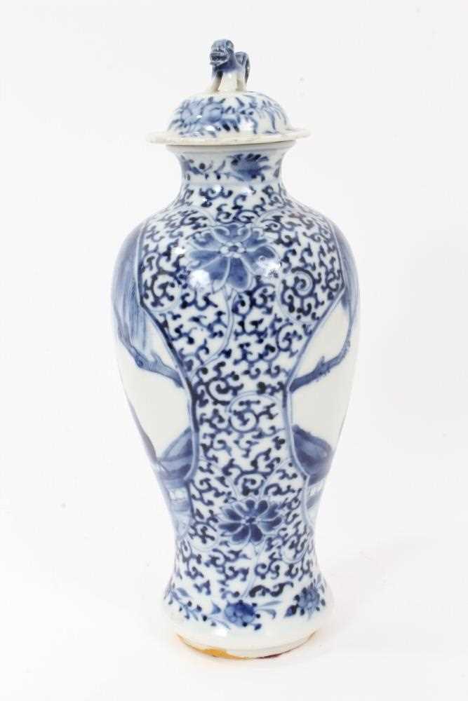 Pair 19th century Chinese blue and white porcelain baluster vases and cover, decorated with figural - Image 13 of 17