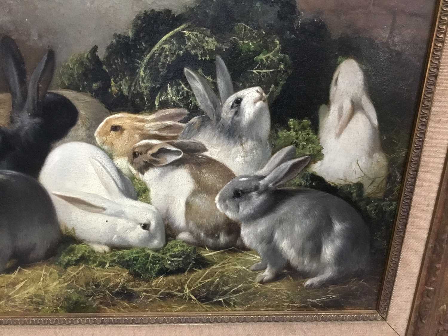 Eugene Remy Maes (1849-1931) oil on panel - Rabbits Feeding, signed adn inscribed verso, in gilt fra - Image 5 of 11