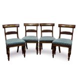 Fine set of four Regency pollard oak, brass inlaid and gilt heightened dining chairs, each with acan