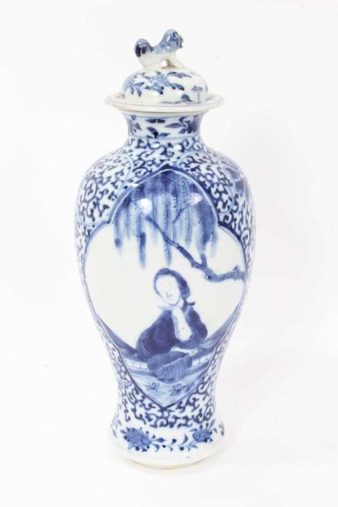 Pair 19th century Chinese blue and white porcelain baluster vases and cover, decorated with figural - Image 4 of 17