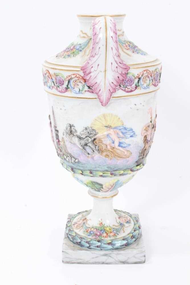 Good 19th century Capodimonte garniture of urns, decorated in relief with mythological scenes, on sq - Image 5 of 21