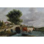 19th century English School, oil on panel, a river landscape with cattle watering by a bridge, unfra
